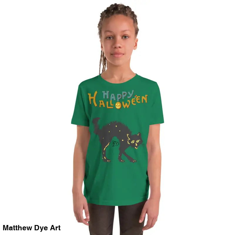 Green youth Halloween short sleeve t-shirt featuring a happy Halloween black cat design