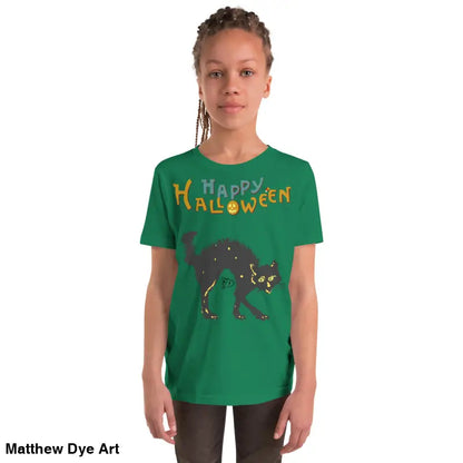 Green youth Halloween short sleeve t-shirt featuring a happy Halloween black cat design
