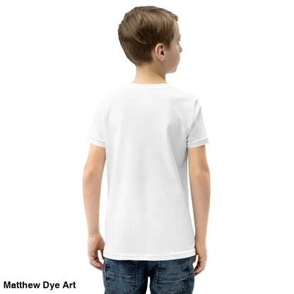 White youth Halloween short sleeve t-shirt featuring a happy Halloween black cat design