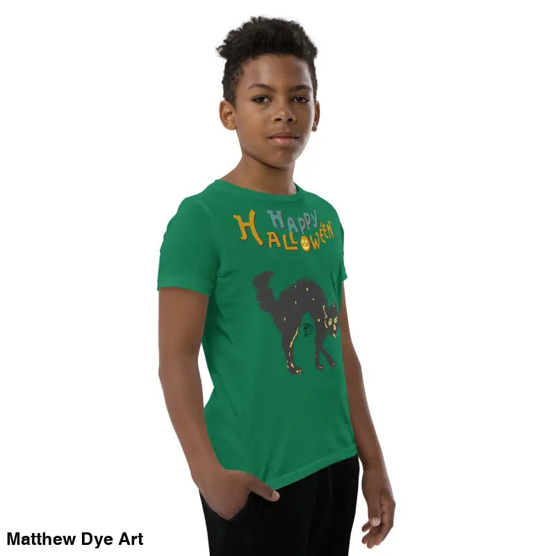 Green youth Halloween short sleeve t-shirt featuring a Happy Halloween black cat design