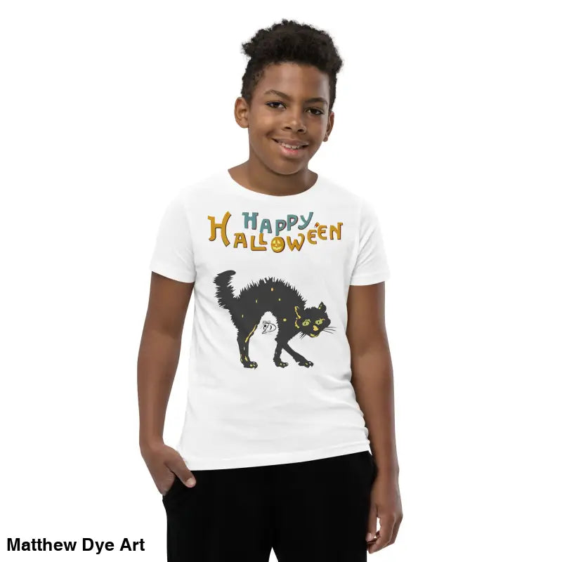 White youth Halloween short sleeve t-shirt featuring a happy Halloween black cat design