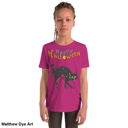Magenta youth Halloween short sleeve t-shirt featuring happy Halloween black cat design