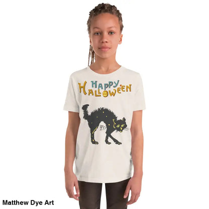Youth Halloween short sleeve t-shirt featuring a Happy Halloween black cat design