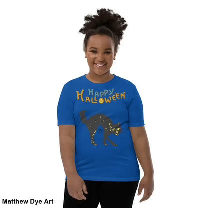 Blue youth Halloween short sleeve t-shirt featuring a happy Halloween black cat design