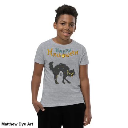 Gray youth Halloween short sleeve t-shirt with happy Halloween black cat design