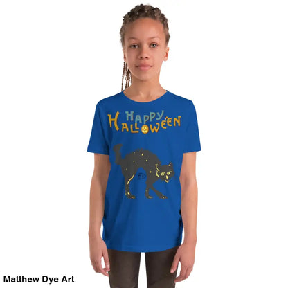 Blue youth Halloween short sleeve t-shirt featuring a happy Halloween black cat design