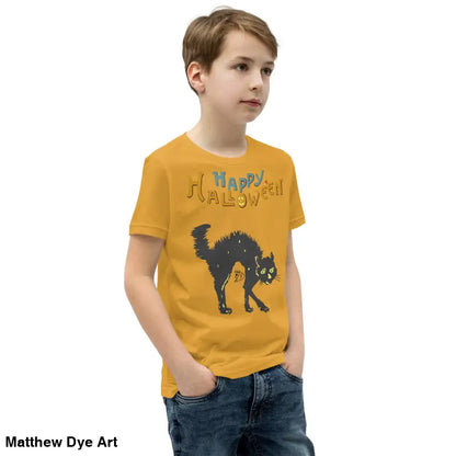 Youth Halloween short sleeve t-shirt with happy Halloween black cat design