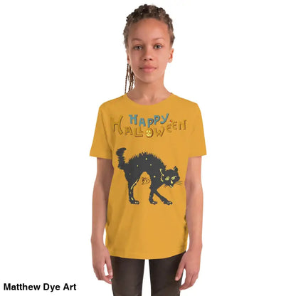 Youth Halloween short sleeve t-shirt featuring a Happy Halloween black cat design