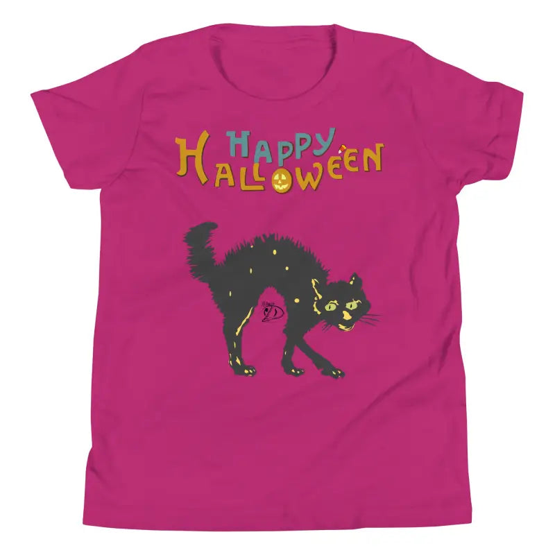 Magenta youth Halloween short sleeve t-shirt featuring a happy Halloween black cat design
