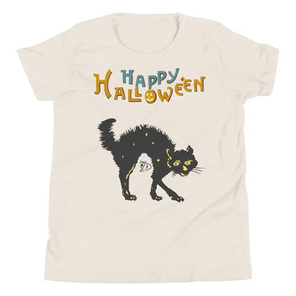 Youth Halloween short sleeve t-shirt featuring a happy Halloween black cat design