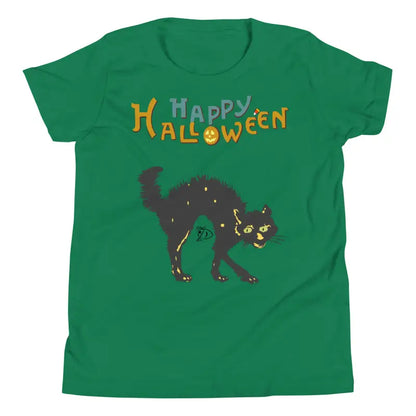 Green youth Halloween short sleeve t-shirt featuring a Happy Halloween black cat design