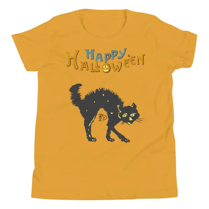 Mustard-colored youth Halloween short sleeve t-shirt featuring happy Halloween black cat design
