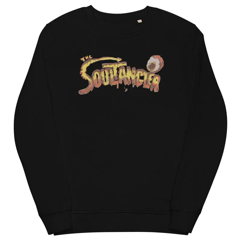 Black organic cotton eco-friendly sweatshirt featuring The Souplantation logo graphic