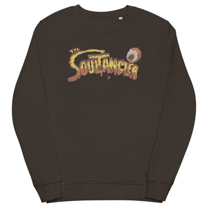 Brown eco-friendly sweatshirt in organic cotton featuring The Souplantation logo graphic