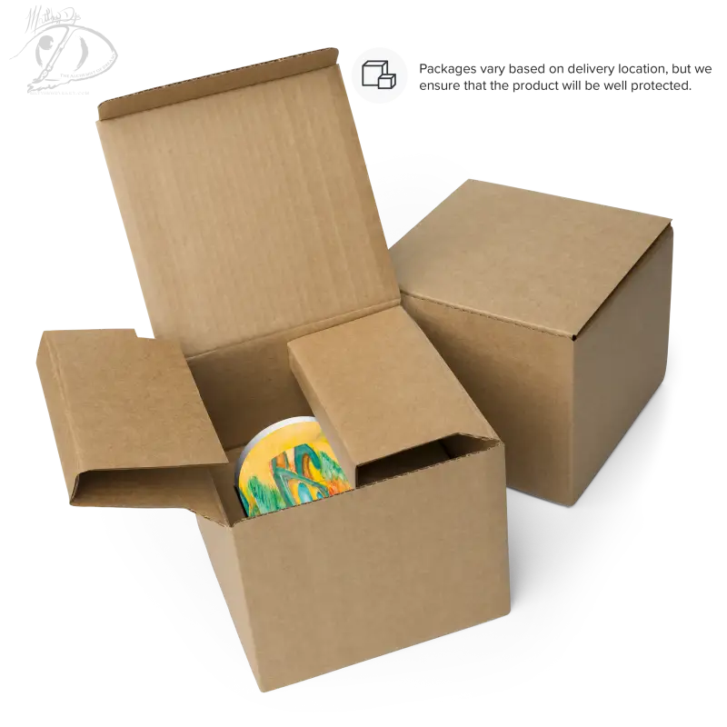 Brown cardboard shipping boxes with a glimpse of the Soultangler Glossy Mug’s colorful charm