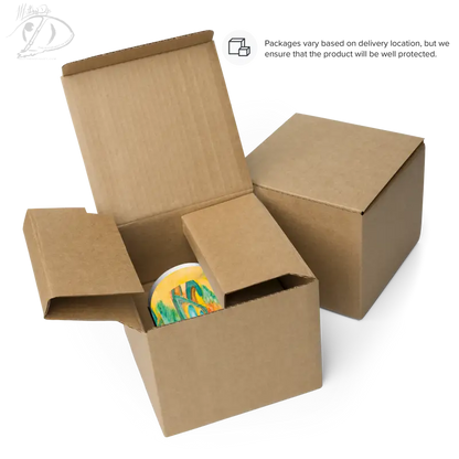 Brown cardboard shipping boxes with a glimpse of the Soultangler Glossy Mug’s colorful charm