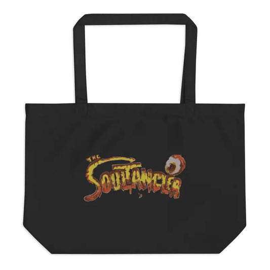 Black Soultangler Organic Tote featuring elegant Souleancer text design for stylish journeys