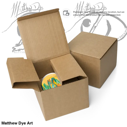 Brown cardboard shipping boxes showcasing the Soultangler glossy mug’s colorful eerie essence