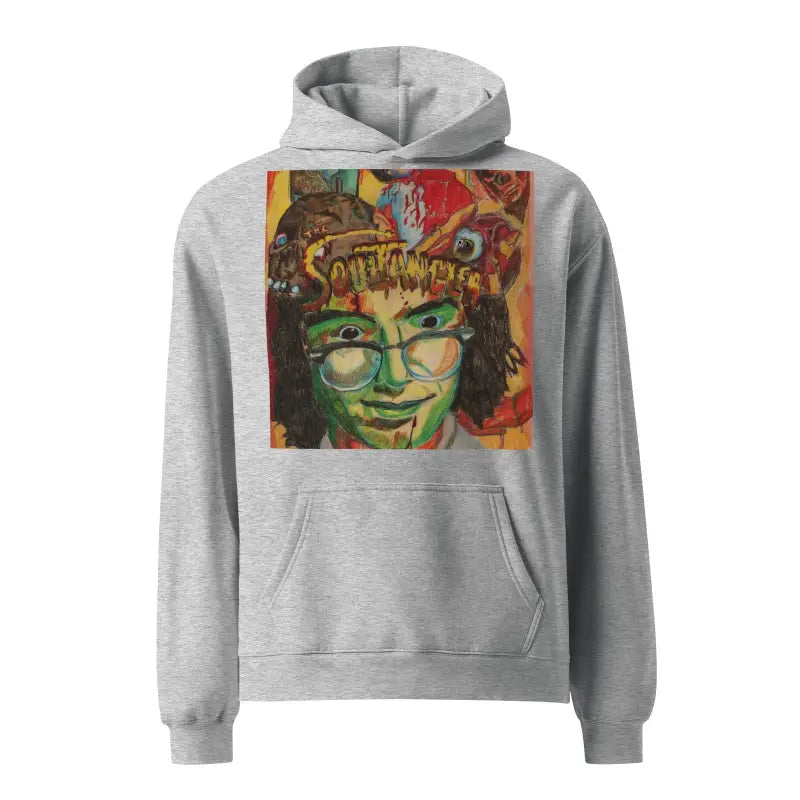 Grey hoodie sweatshirt with colorful psychedelic artwork from Soultangler Unisex Oversized