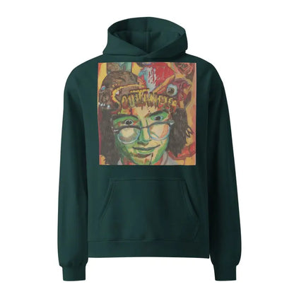 Dark green Soultangler Unisex Oversized Hoodie featuring a colorful artistic portrait design