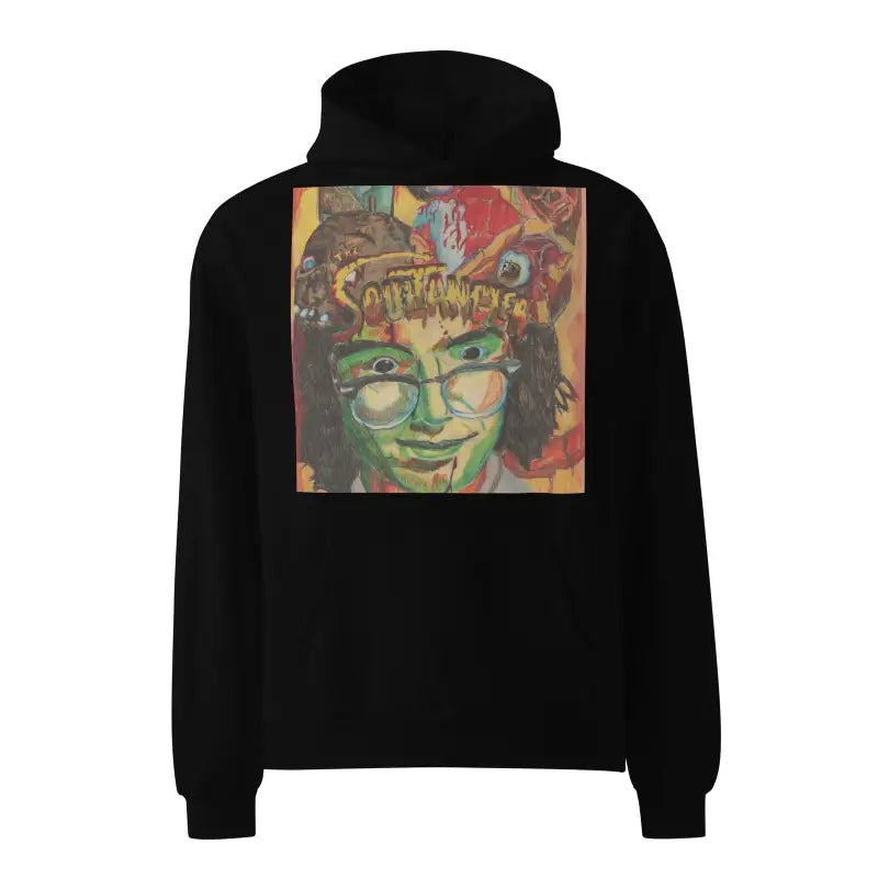 Black hoodie sweatshirt featuring a vibrant artistic portrait, Soultangler Unisex Oversized