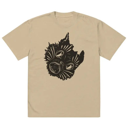 Tan t-shirt featuring black tribal bird head design from Enchanted Whimsy of the Kitty Head Oversized Faded T-Shirt