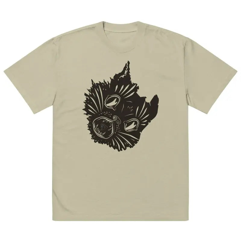 Beige Enchanted Whimsy Kitty Head Oversized Faded T-Shirt with black abstract bird design