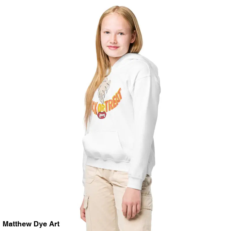 White hooded sweatshirt for child’s Halloween wardrobe, featuring Spooktacular Smiles design