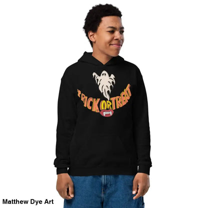 Black hoodie with Halloween graphic for a child’s Halloween wardrobe, perfect for Treat Smiles Youth