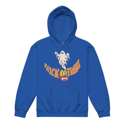 Blue hoodie featuring Halloween graphic, perfect for a child’s Halloween wardrobe