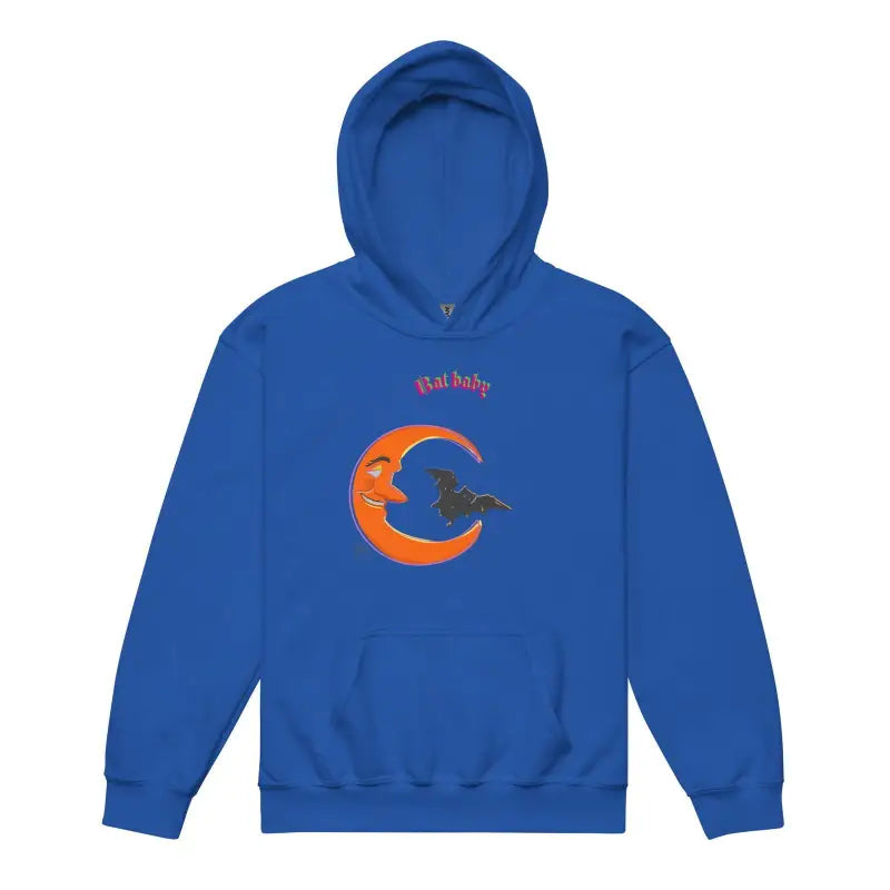 Royal blue hoodie featuring orange crescent moon and star, perfect for spooky bat baby style