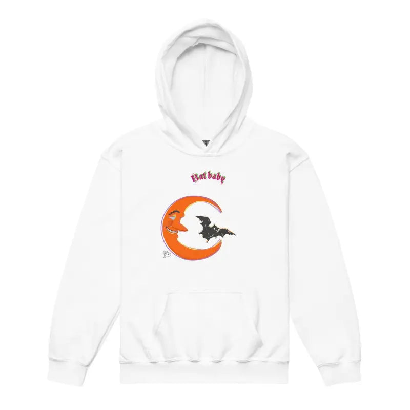 White spooky bat baby hoodie featuring an orange crescent moon and bat design