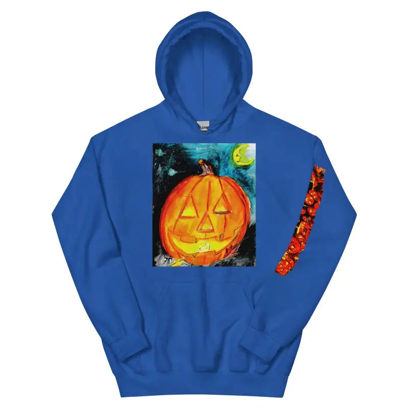 Royal blue cozy unisex hoodie with Halloween jack-o-lantern art design