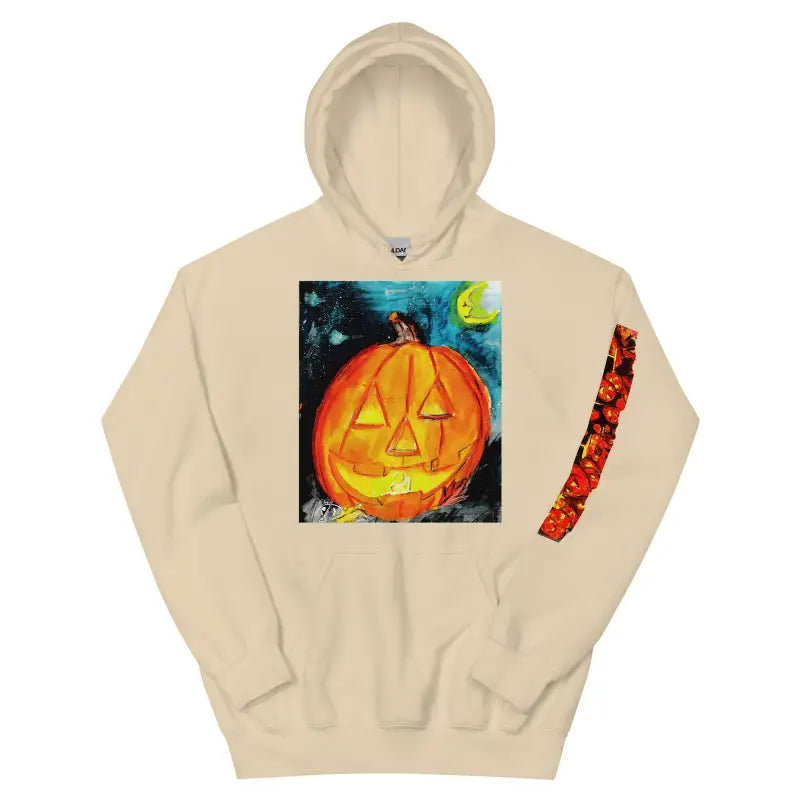 Beige cozy unisex hoodie with jack-o’-lantern Halloween design for spooky season