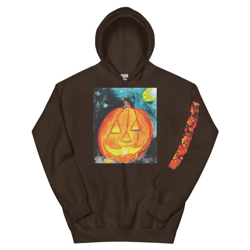 Brown cozy unisex hoodie featuring jack-o-lantern Halloween art design for spooky style