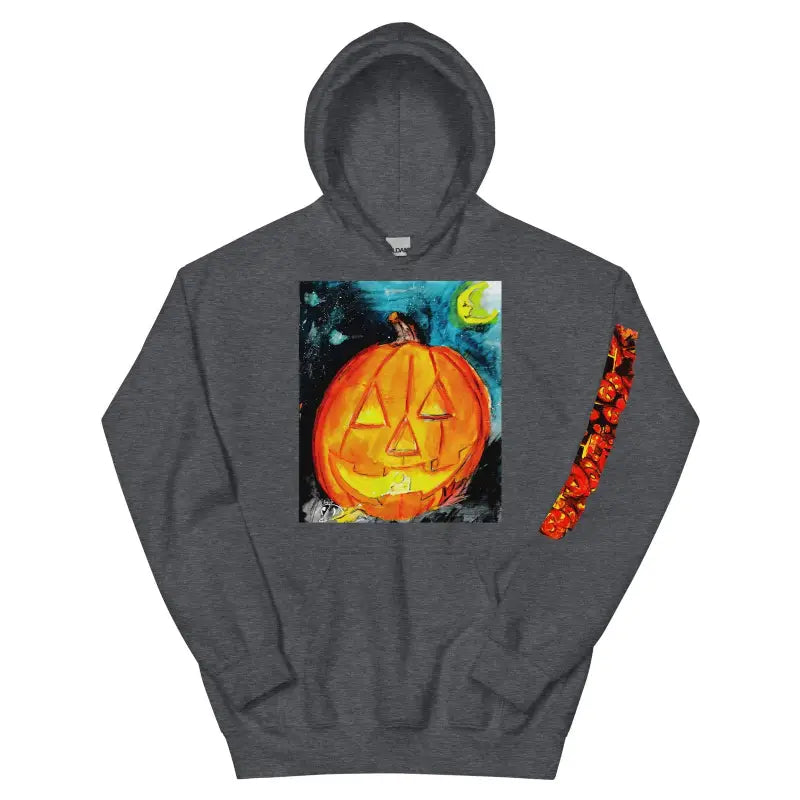 Dark gray cozy unisex hoodie featuring spooky Jack-O-Lantern Halloween art design