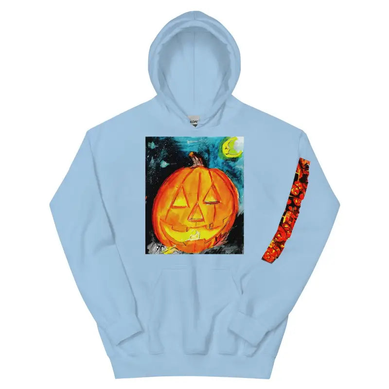 Light blue cozy unisex hoodie featuring a spooky jack-o-lantern Halloween art design