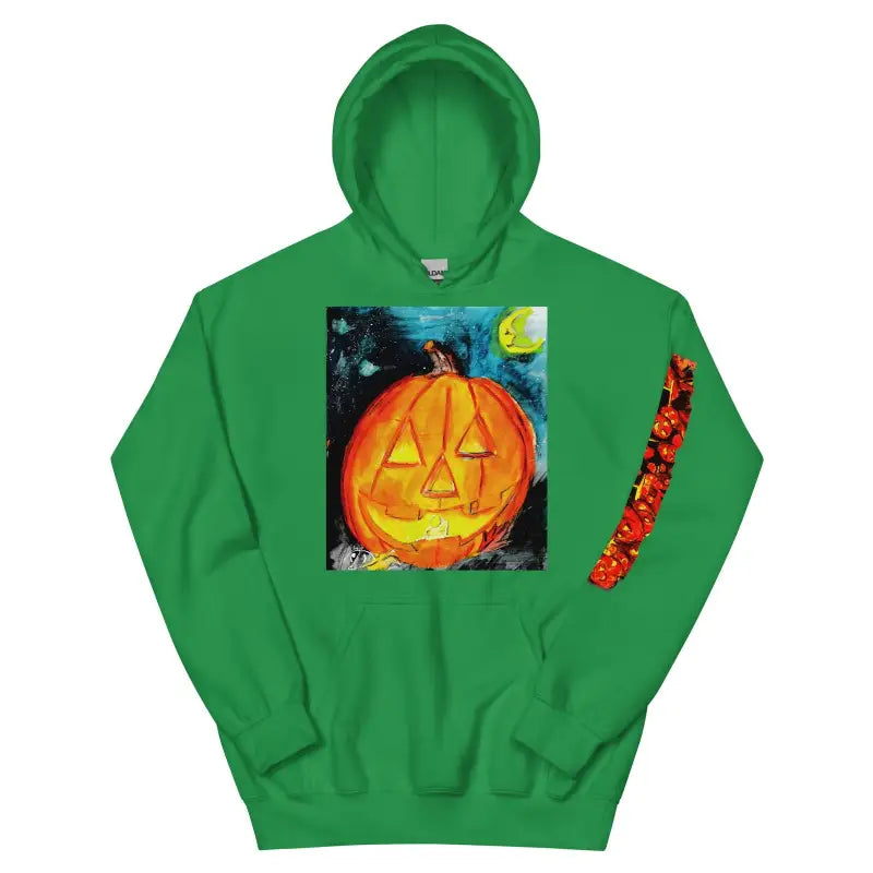 Green hooded sweatshirt with jack-o’-lantern design from Enchanted Embrace spooky cozy unisex