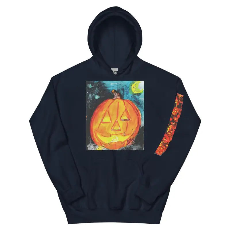 Black hoodie sweatshirt with jack-o’-lantern design, ideal for spooky cozy unisex wear