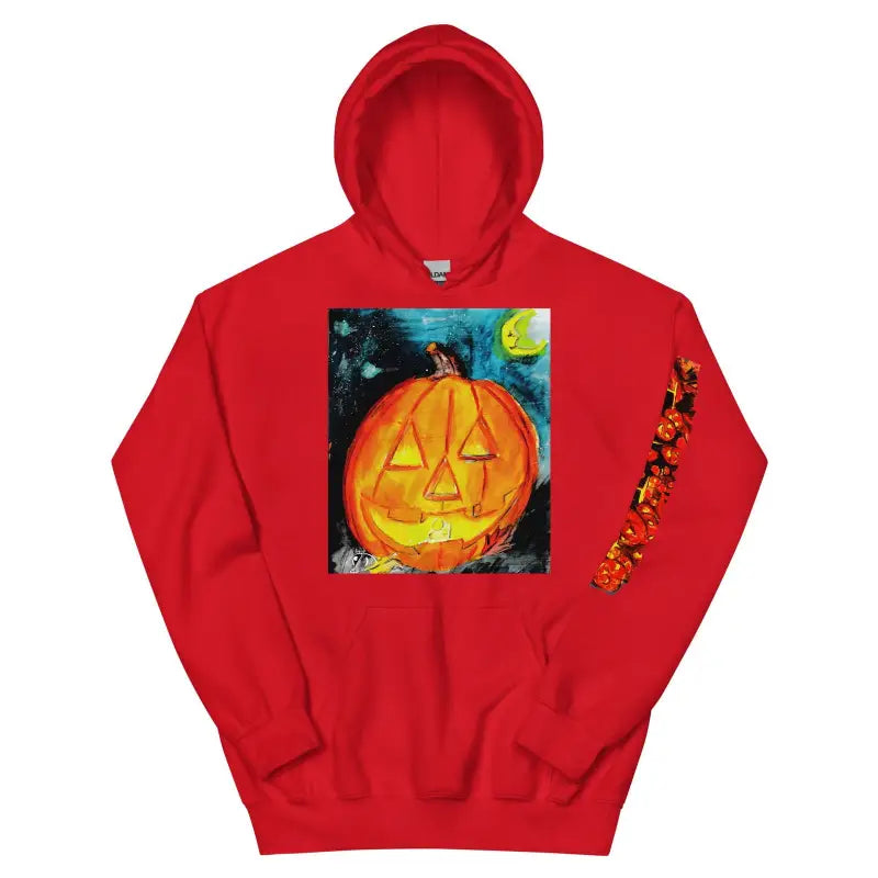 Red cozy unisex hoodie featuring a jack-o-lantern Halloween art design for spooky style