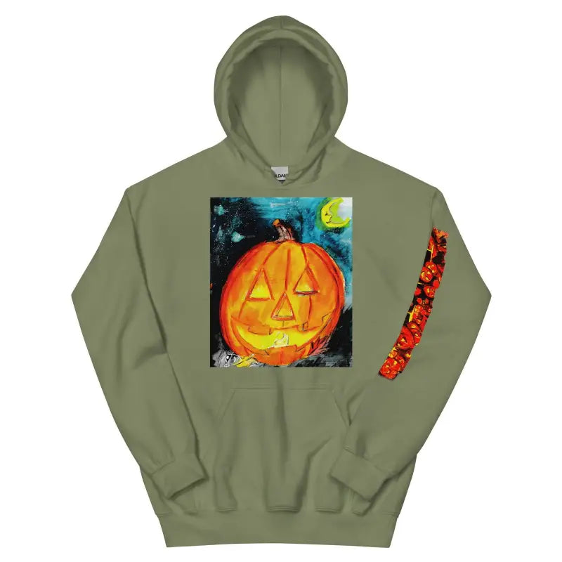 Military green cozy unisex hoodie with Jack-O-Lantern Halloween art design