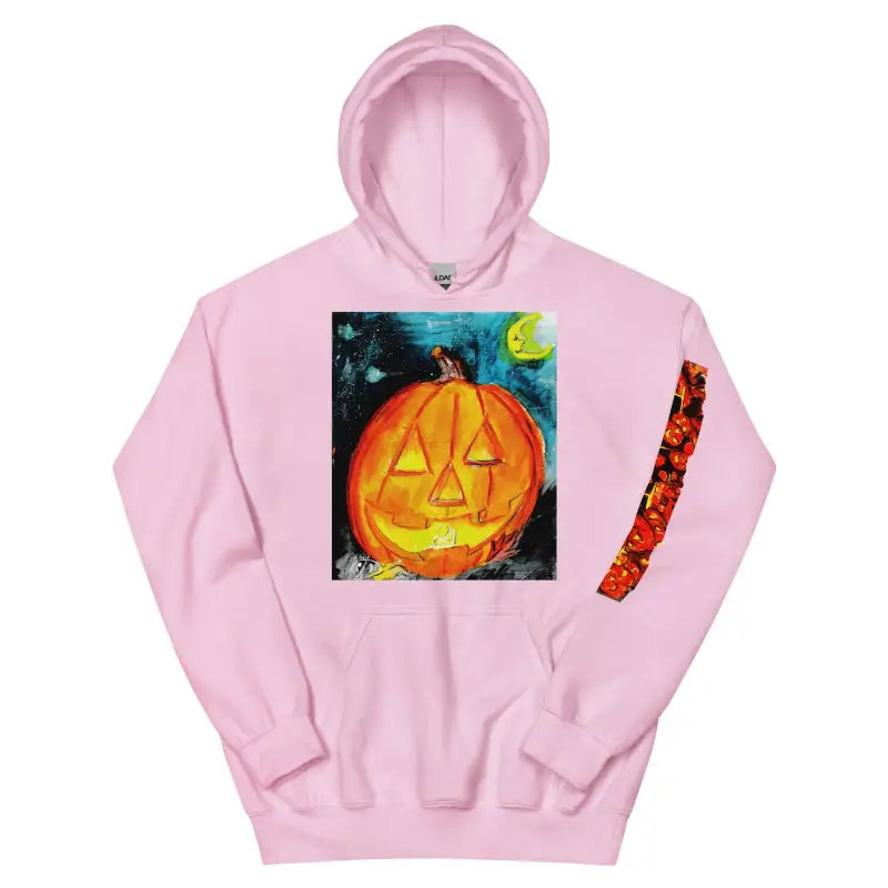 Pink cozy unisex hoodie featuring jack-o-lantern Halloween art for a spooky vibe