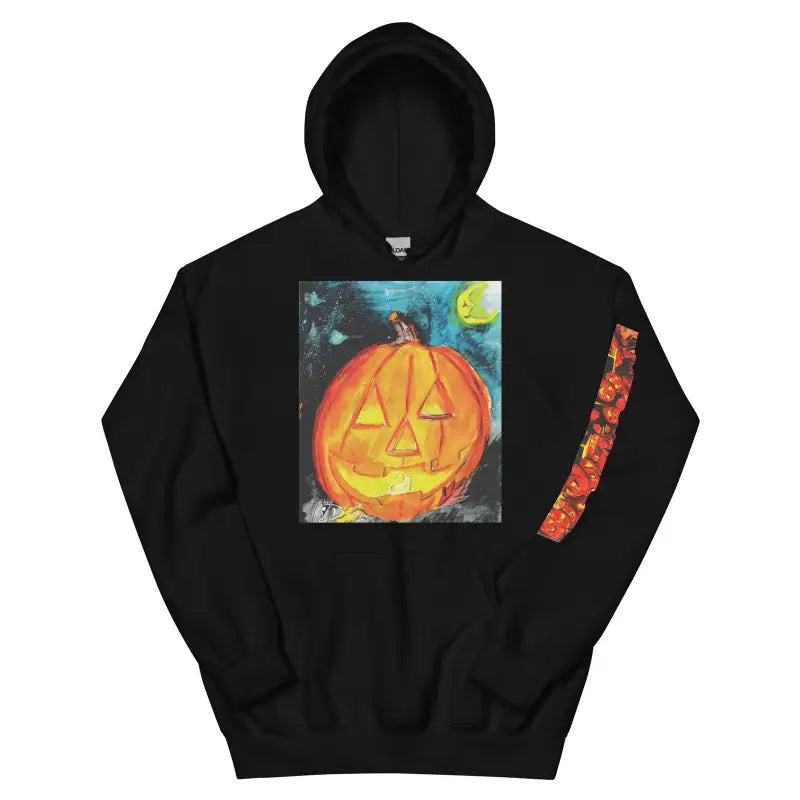 Black cozy unisex hoodie featuring Jack-O-Lantern Halloween art design for spooky vibes