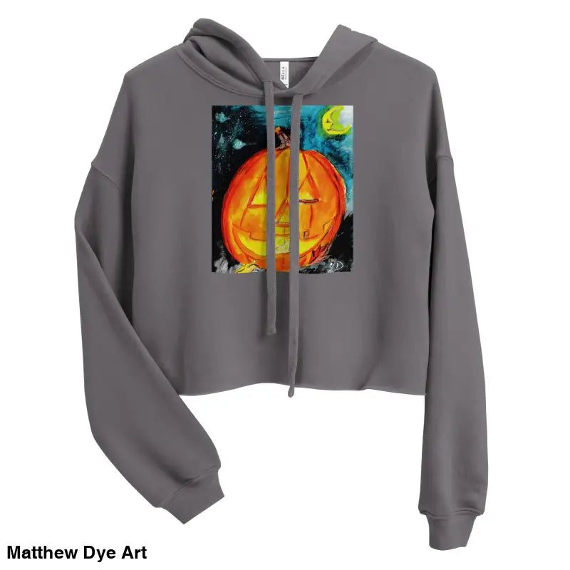 Gray cropped hoodie featuring Matthew Dye art with a spooky cute pumpkin graphic