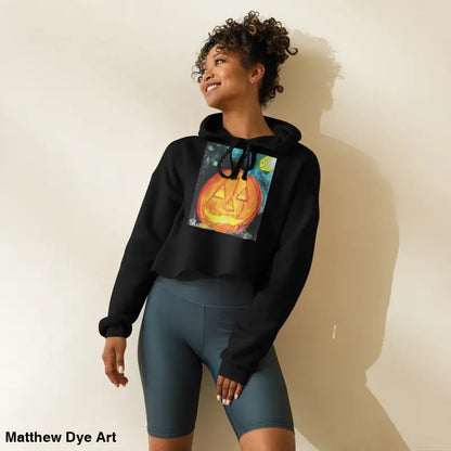 Woman in black hoodie featuring Spooky Cute jack-o’-lantern design by Matthew Dye Art