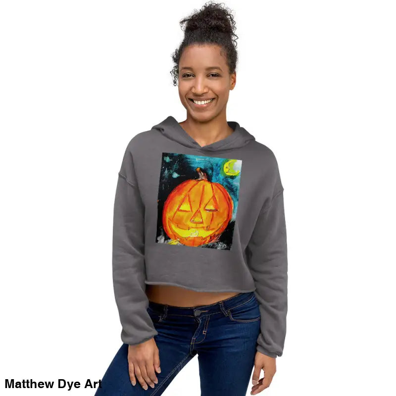 Gray cropped hoodie featuring a spooky cute pumpkin graphic by Matthew Dye Art