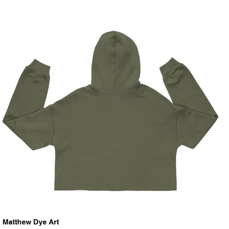 Olive green cropped hoodie featuring a Spooky Cute jack-o’-lantern design by Matthew Dye Art
