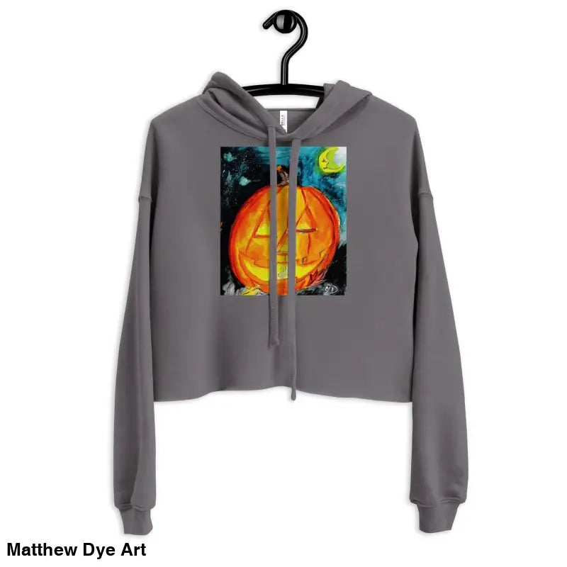 Gray cropped hoodie featuring Spooky Cute pumpkin graphic by Matthew Dye Art