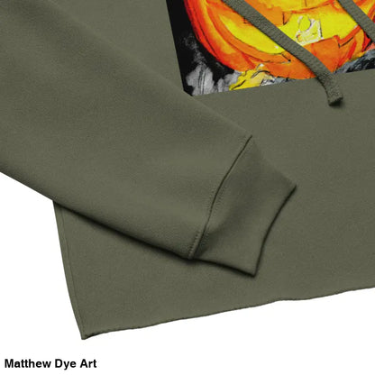 Olive green cropped hoodie featuring a Spooky Cute Jack-o’-Lantern design by Matthew Dye Art