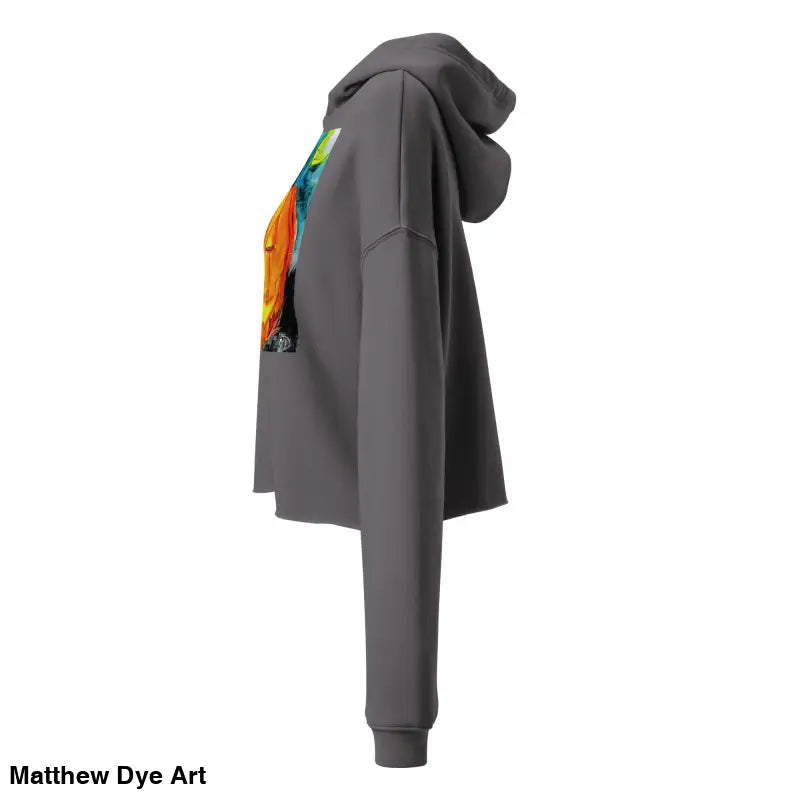 Gray cropped hoodie featuring spooky cute Jack-o’-lantern design by Matthew Dye Art